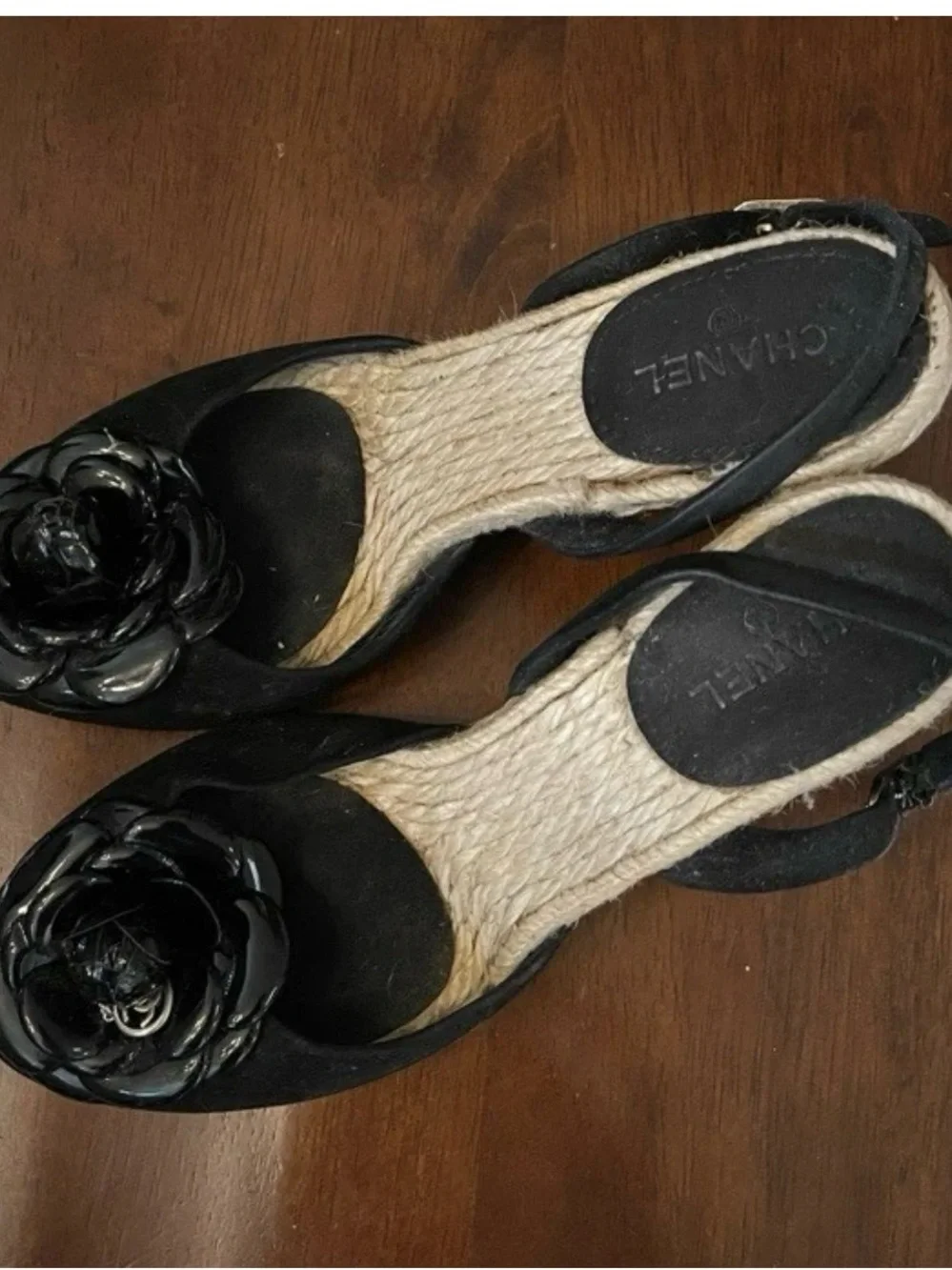 Authentic CHANEL Black Camellia Espadrille Slingback Sandals 37